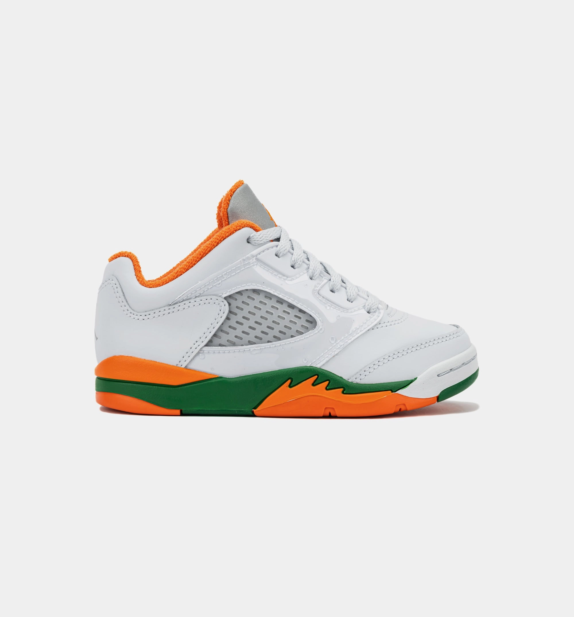 Air Jordan 5 Retro Low Hurricanes Preschool Lifestyle Shoe - Football Grey/Brilliant Orange/Pine Green
