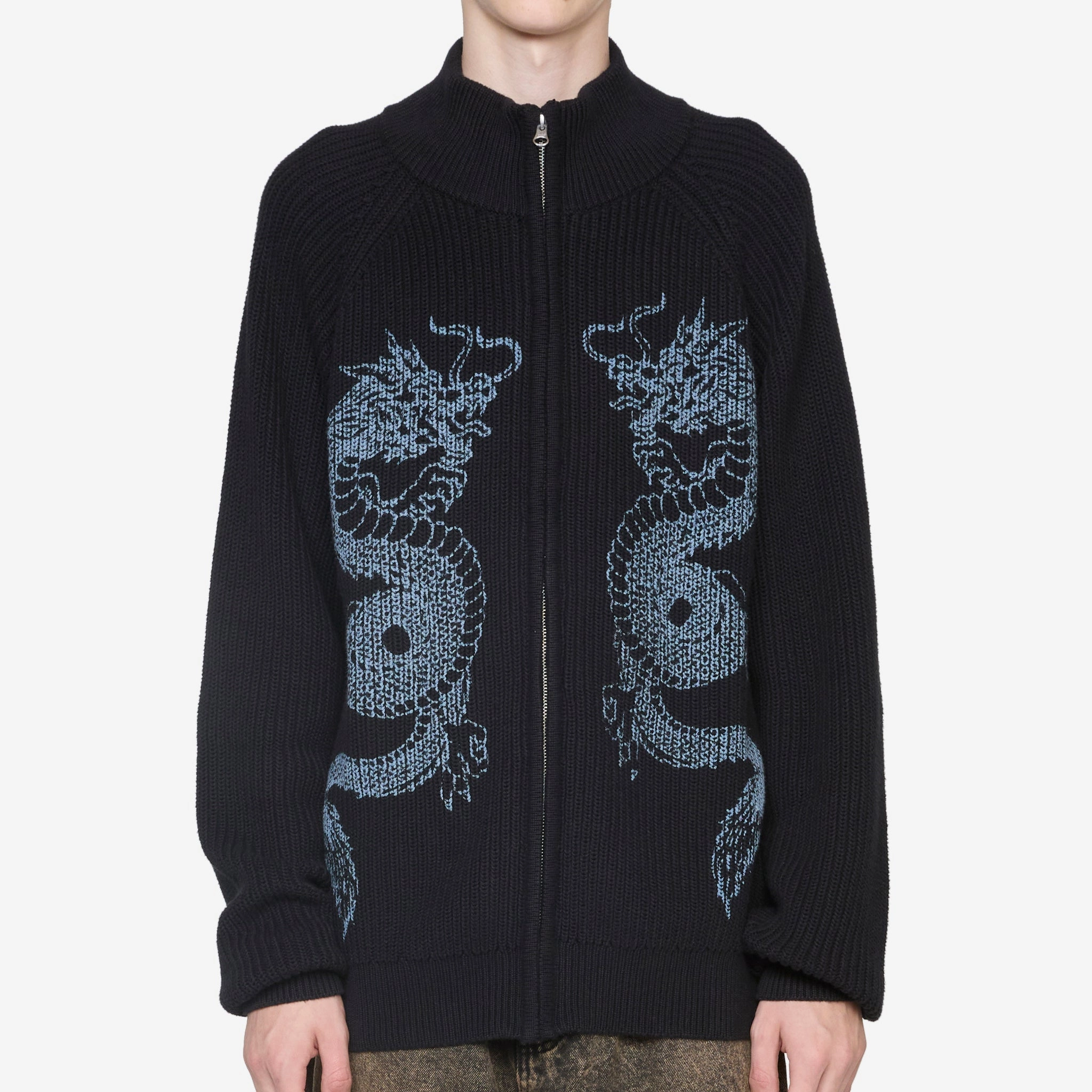 Dragon Zip-Thru Knit Sweater Black