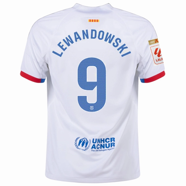 Nike Barcelona Robert Lewandowski Away Jersey w/ La Liga Champions Patches 23/24 (White/Royal Blue)