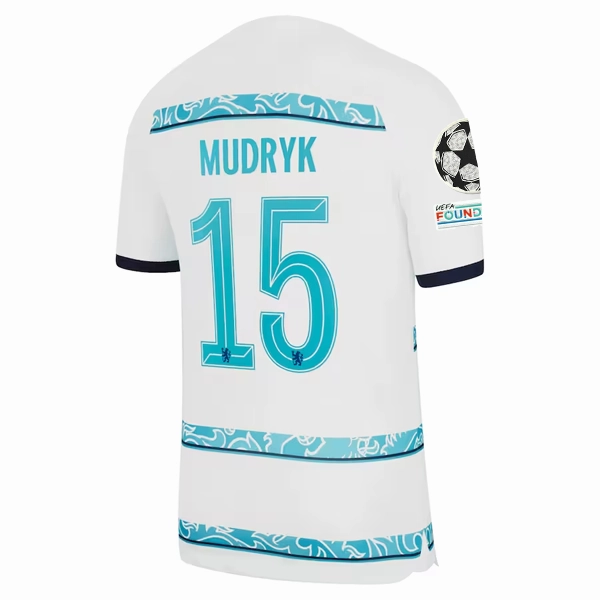 Nike Chelsea Mudryk Away Jersey w/ Champions League   Club World Cup Patches 22/23 (White/College Navy)