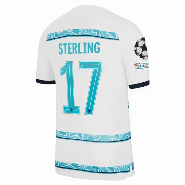 Nike Chelsea Sterling Away Jersey w/ Champions League   Club World Cup Patches 22/23 (White/College Navy)