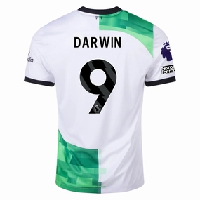 Nike Liverpool Away Darwin Nunez Jersey w/ EPL   No Room For Racism Patches 23/24 (White/Green Spark)