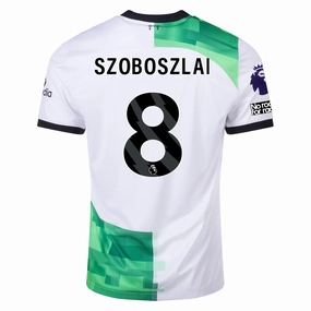 Nike Liverpool Away Dominik Szoboszlai Jersey w/ EPL   No Room For Racism Patches 23/24 (White/Green Spark)