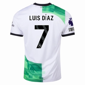 Nike Liverpool Away Luis Diaz Jersey w/ EPL   No Room For Racism Patches 23/24 (White/Green Spark)