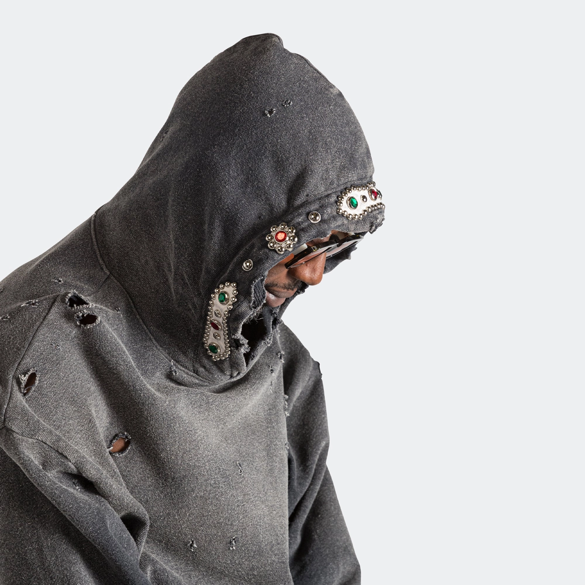 SWT Knit THRILLER Damaged Hoodie (STUDS) - Black