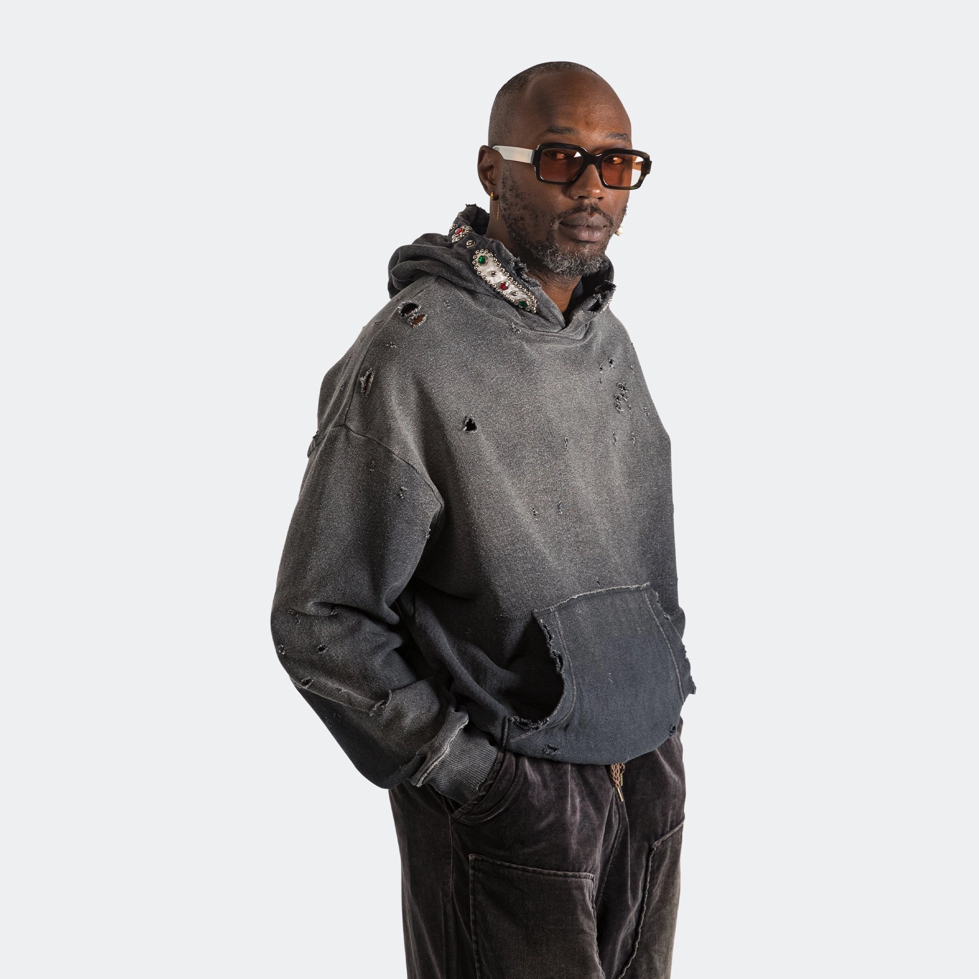 SWT Knit THRILLER Damaged Hoodie (STUDS) - Black