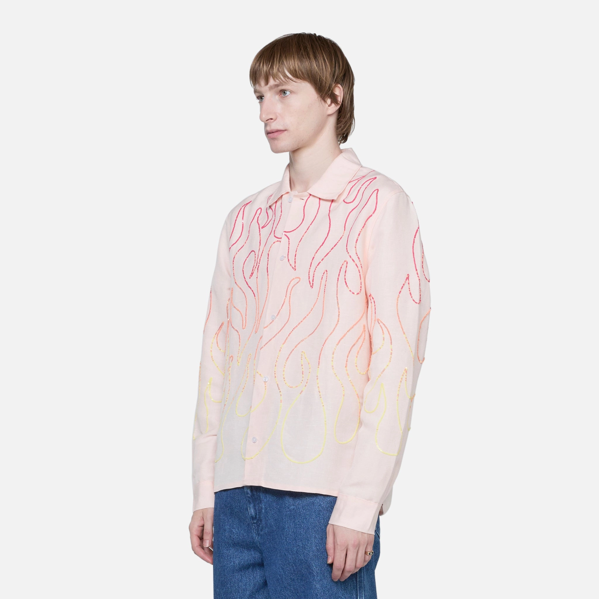 Unisex Flame Embroidered Shirt Pink